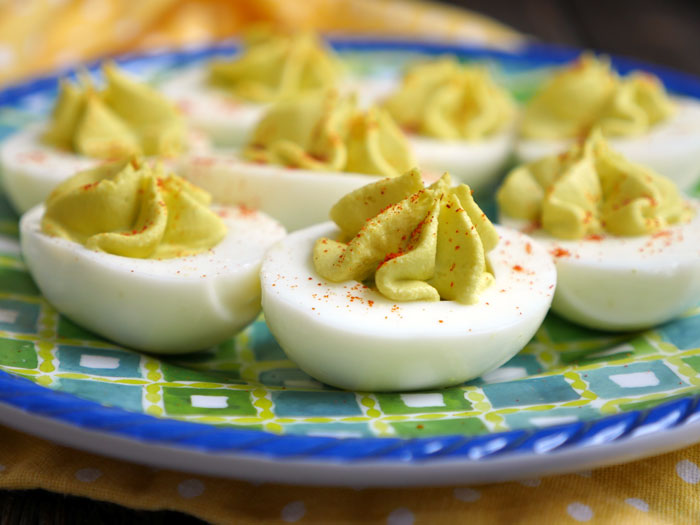 Deviled avocado eggs by My heart beets