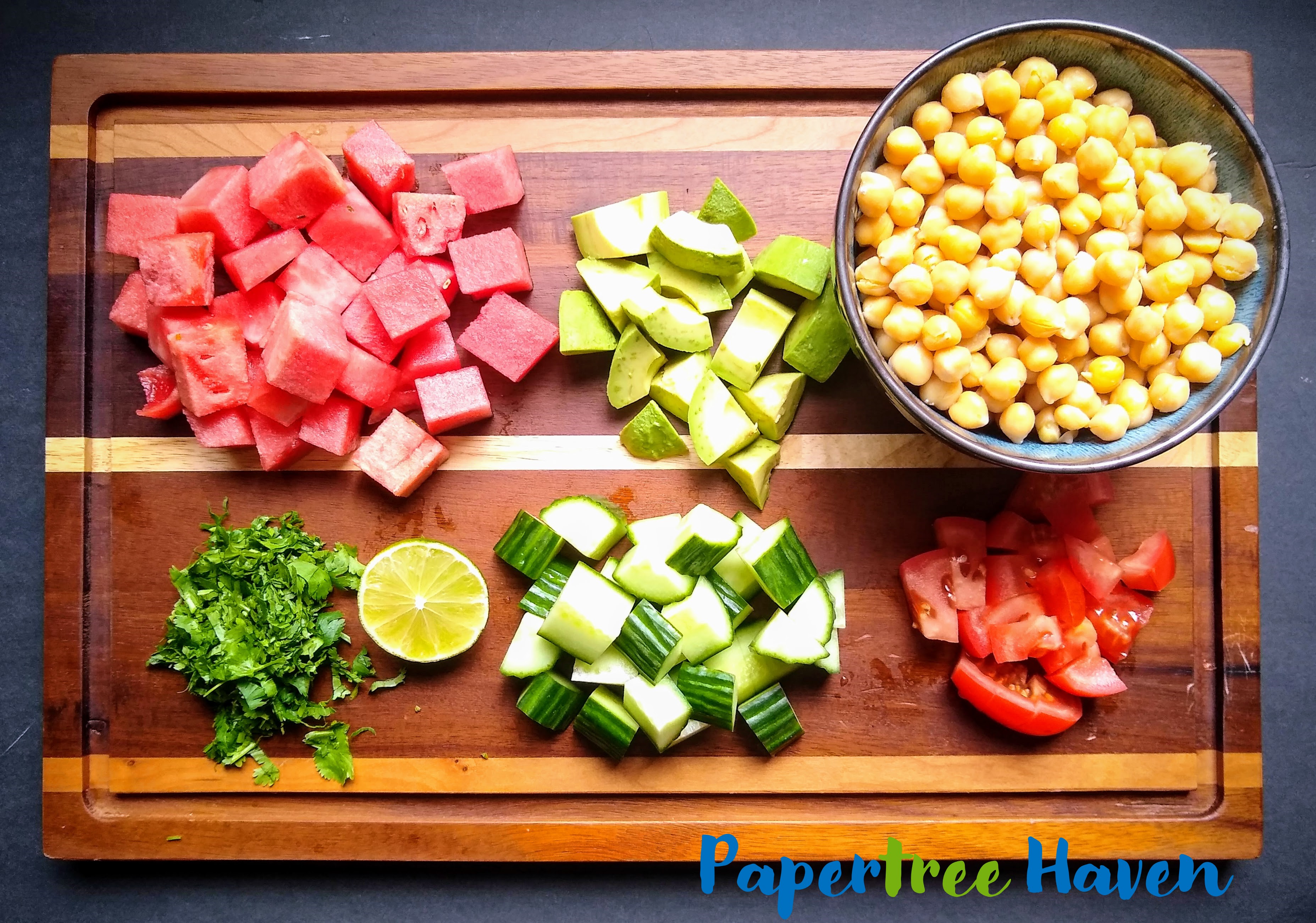 ingredients for watermelon avocado chickpea salad summer salad