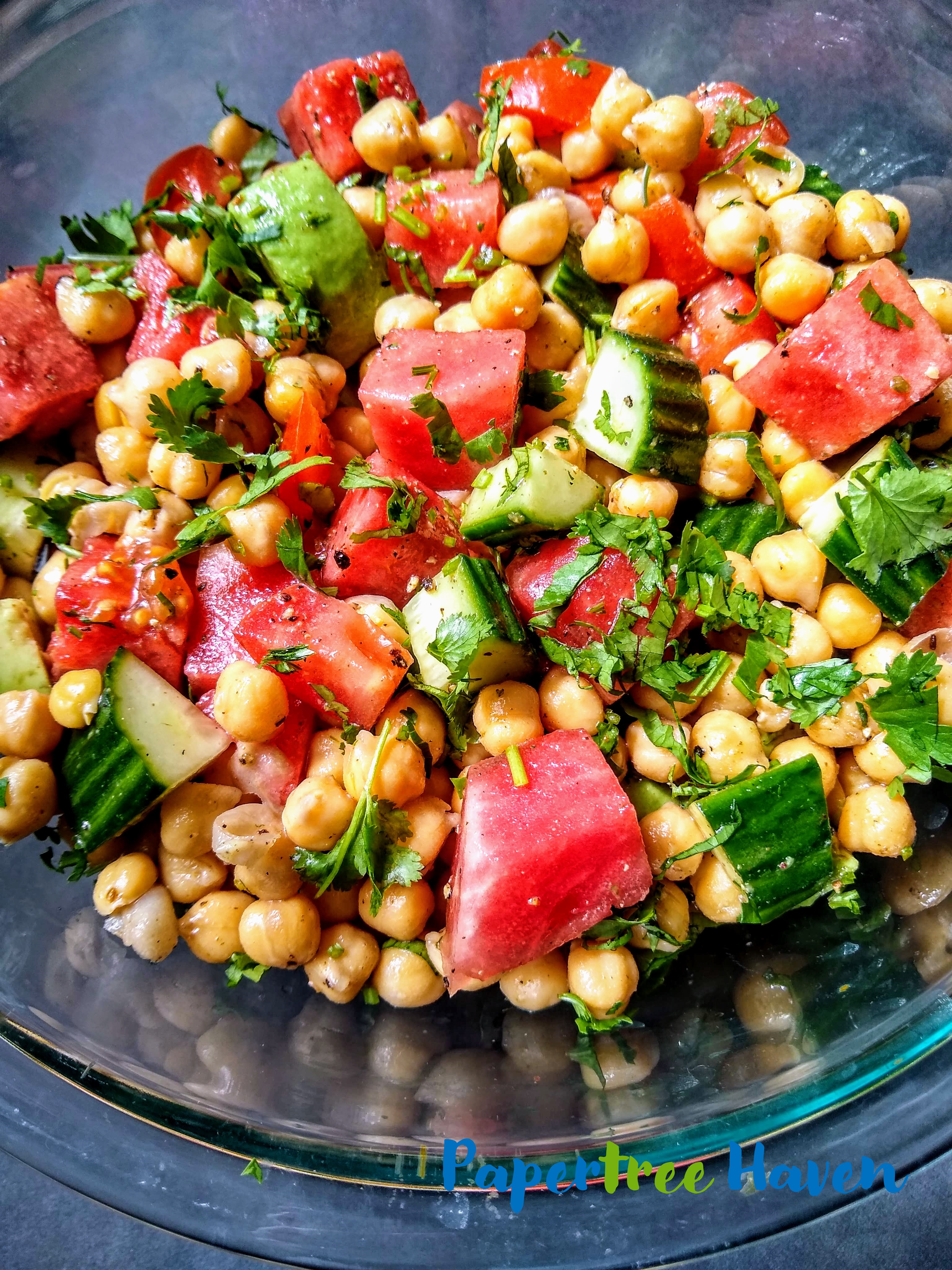 Watermelon avocado chickpea summer salad